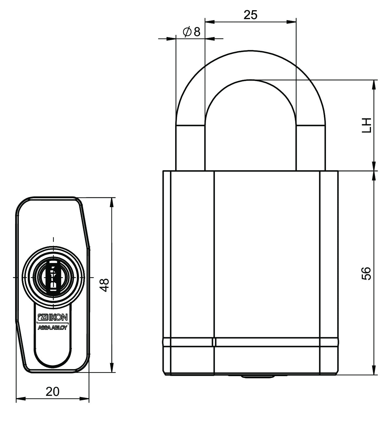 Technische Zeichnung CLIQ Go Hangschloss ohne Wetterschutzkappe (Staub- und Regenschutz)